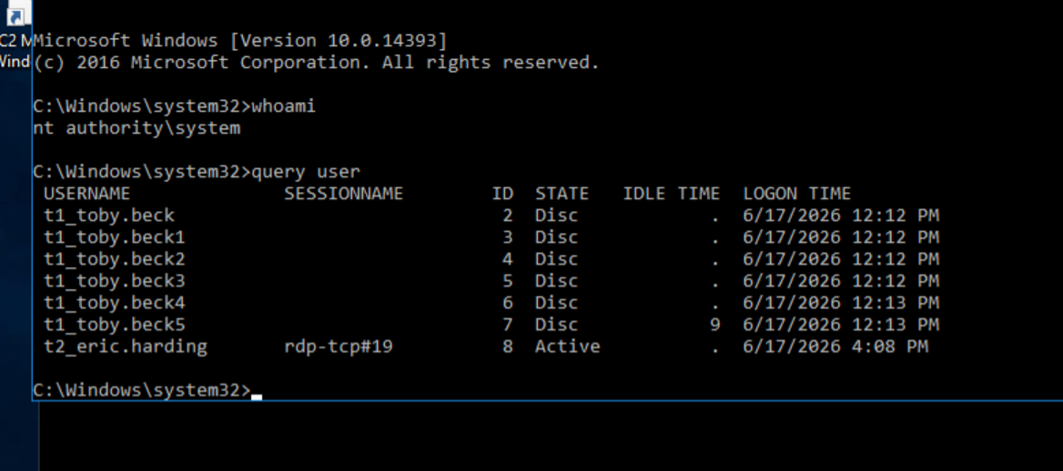 query user showing active rdp-tcp#19 session and Toby's disconnected session 2